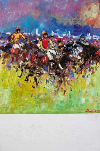 GRAND NATIONAL AT AINTREE by Desmond Murrie, 1994, oil on board with a pencil frieze in lower panel, sold May 2007