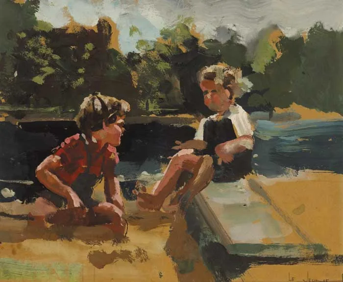 James Le Jeune, CHILDREN PLAYING IN A SANDPIT, gouache on board