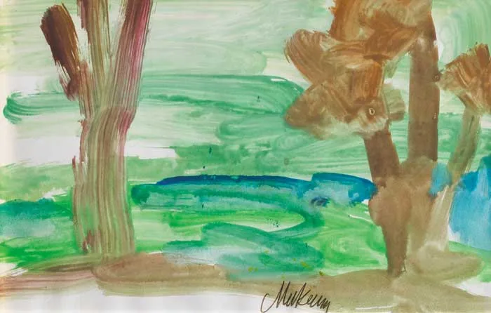 LANDSCAPE WITH TREES IN FOREGROUND by Markey Robinson, acrylic on paper mounted on board, sold May 2007