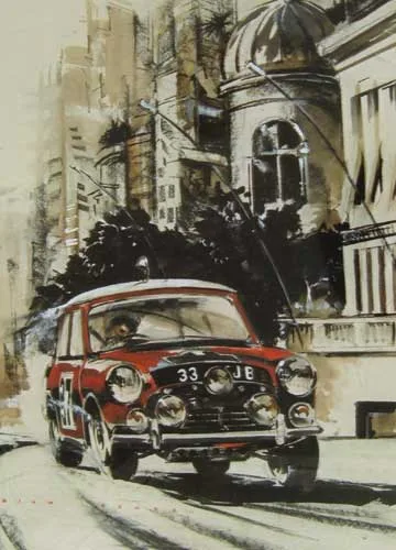 Dion Pears, PADDY HOPKIRK WINNING 1964 MONTE CARLO RALLY IN A 33EJB MINI COOPER, gouache, watercolour and crayon on paper