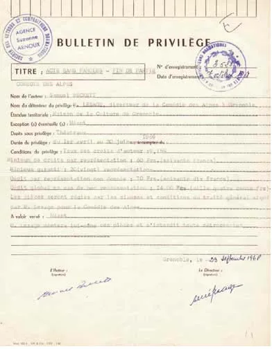 Samuel Beckett, Licence certificate for a French production of Endgame, 1968, plus two autograph letter and relate.., single-page autograph typescript letter (1) and ...