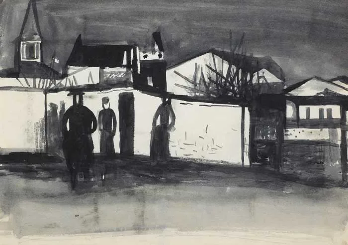 FIGURES IN A STREET by William Scott, circa 1938, brush and ink, offered Nov 2007