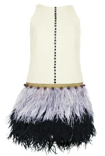 AFTER JOHN SHINNORS by Helen Cody, boiled vanilla cashmere and wool, Swarovski jet crystal beading, with boned underskirt, layered grey and black ostrich f, sold Nov 2007