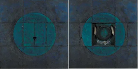SATURN (PLANETARY SERIES) by Helen Comerford, 2002, encaustic (bees wax and pigment) on board with lead, bone an, offered Nov 2007
