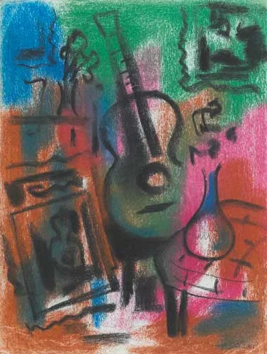 STILL LIFE WITH GUITAR by George Campbell, 1945, crayon on paper, sold Nov 2007
