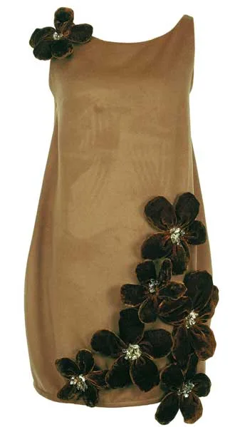 Helen Cody, AFTER LOUIS LE BROCQUY, Camel cashmere Perrier dress with hand dyed silk velvet padded flowers embedded with Swarovski chandelier crystals, lined in pure silk
