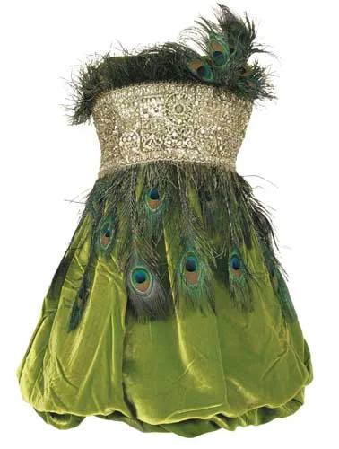 AFTER GERARD DILLON by Helen Cody, lime crushed velvet strapless ruched and boned dress with gold metallic beaded embroidery, peacock feather tails, beige , offered Nov 2007