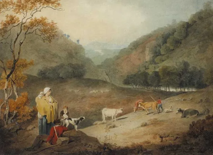 Francis Wheatley, PASTORAL SCENE WITH FIGURES RESTING IN A VALLEY AND A MAN HERDING CATTLE BEYOND, watercolour with pen and ink on paper