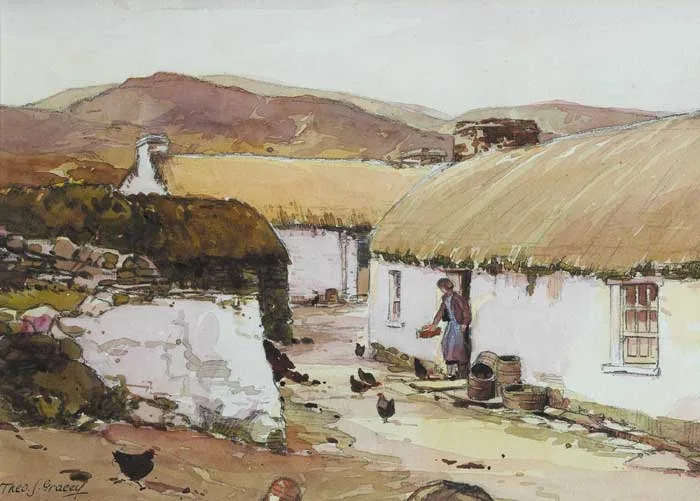 Theodore James Gracey, DONEGAL COTTAGES, watercolour over pencil