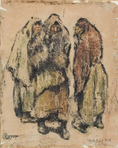 THREE SHAWLIES, SMITHFIELD by William Conor, 1908, crayon on paper, offered Nov 2007
