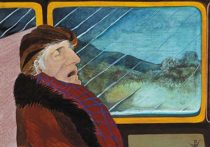 Pauline Bewick, MISS M. ON KERRY TRAIN, 1974, oil on panel