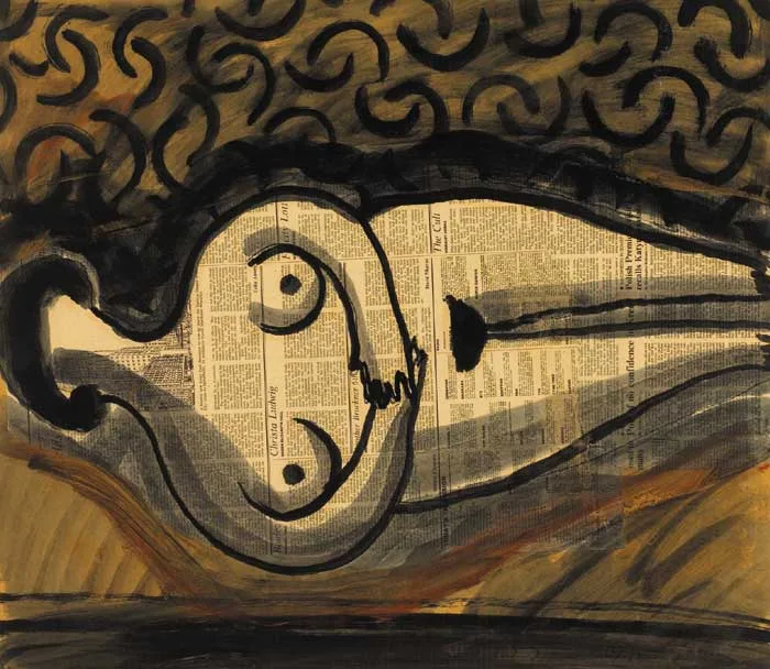 RECLINING NUDE by Neil Shawcross, 1990, watercolour and collage, offered Sep 2007