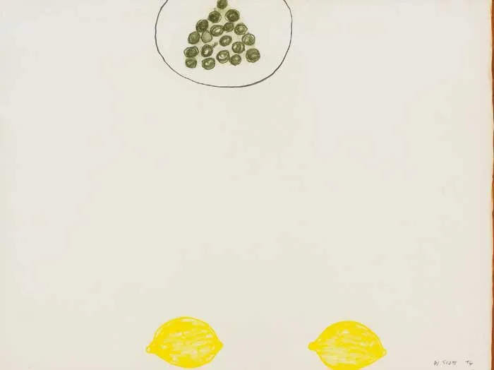 William Scott, TWO LEMONS AND GRAPES, 1974, crayon and watercolour