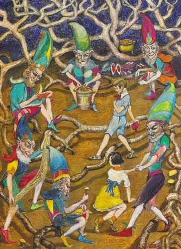 'GOD BLESS THE WORK', SAID HE POLITELY - FROM A CROCK OF GOLD BY JAMES STEPHENS by Harry Kernoff, oil on board, sold Sep 2007