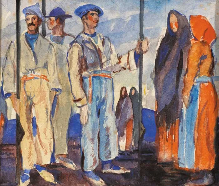 Maurice MacGonigal, WESTERN PEASANTS (SKETCH FOR DECORATION), 1932, watercolour over pencil on paper