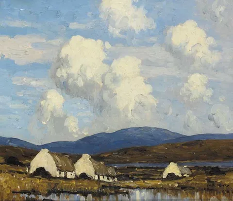 Paul Henry, COTTAGES BY A BOG LAKE, WEST OF IRELAND, circa 1937, oil on canvas
