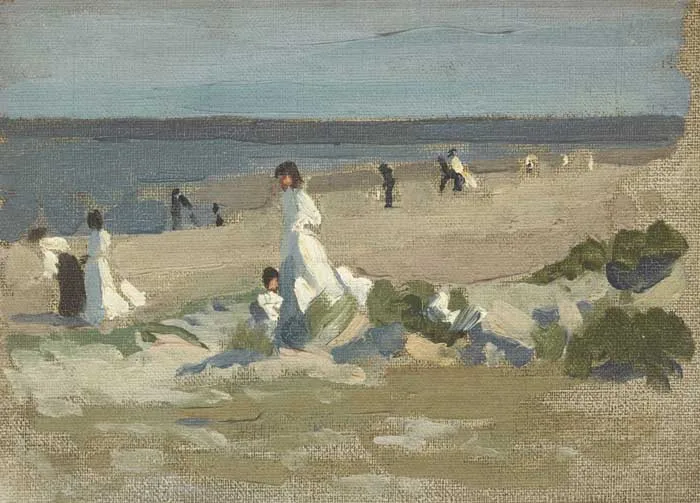 FIGURES ON A BEACH, COUNTY DUBLIN by William John Leech, circa 1906-10, oil on canvas board, sold Sep 2007