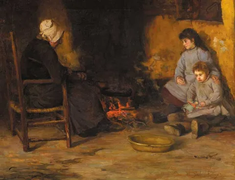 William Gerard Barry, AN OLD WOMAN AND CHILDREN IN A COTTAGE INTERIOR, oil on canvas