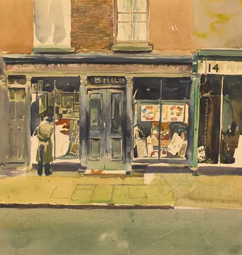 Simon Coleman, HILL'S PHOTOGRAPHIC SHOP, LIFFEY STREET, DUBLIN, circa 1945, watercolour over pencil