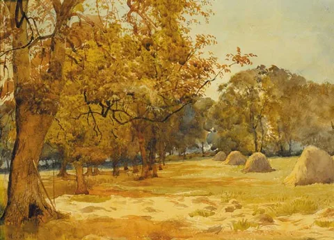 THE HAYFIELD by Helen Colvill, watercolour, sold Sep 2007