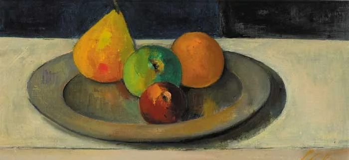 FRUIT ON A PEWTER PLATE by Peter Collis, oil on canvas, offered Sep 2007