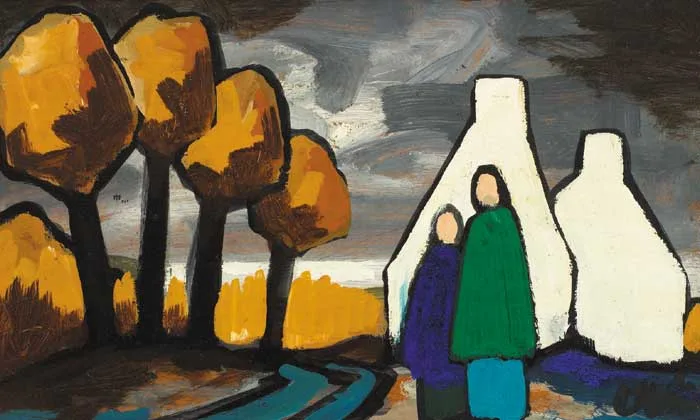 VILLAGERS by Markey Robinson, oil on board, sold Sep 2007