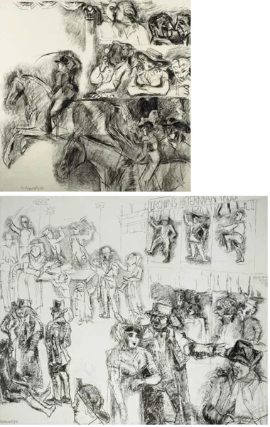 Alice Hanratty, CROW STREET THEATRE, TEMPLE BAR and DONNYBROOK FAIR, DUBLIN, 2004 (A PAIR), charcoal on paper