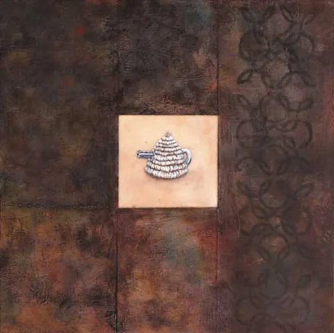 Rita Duffy, TEA COSY, oil, lead foil and beeswax on panel