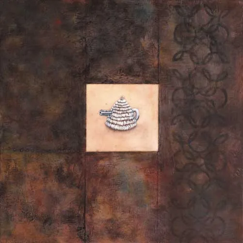 TEA COSY by Rita Duffy, oil, lead foil and beeswax on panel, offered Apr 2007