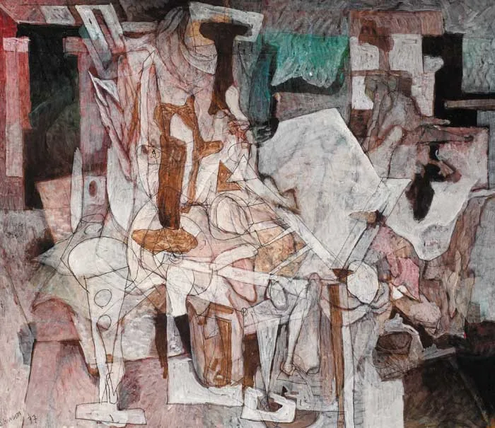 SEATED FIGURE by Nevill Johnson, 1977, acrylic with pen and ink on board, sold Apr 2007