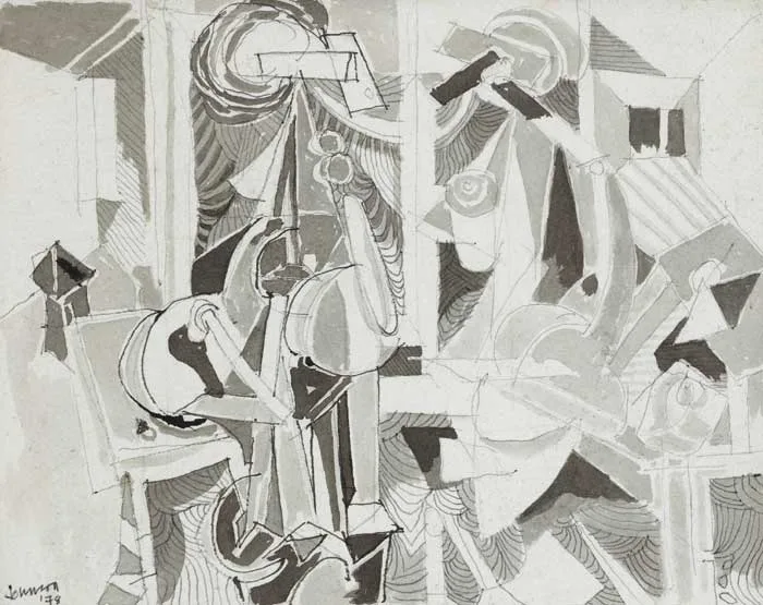 Nevill Johnson, FIGURES IN A ROOM, 1978, pencil, pen and ink and wash on paper