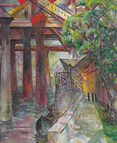 Mary Swanzy, CUBIST LANDSCAPE WITH BRIDGE PYLONS AND QUAY, oil on canvas