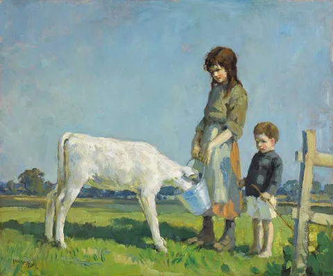 Frank McKelvey, CHILDREN FEEDING A CALF, circa 1920, oil on canvas