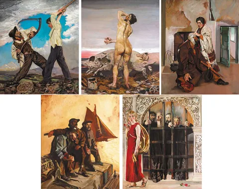 Seán Keating, ILLUSTRATIONS FOR THE 'PLAYBOY OF THE WESTERN WORLD', 1922-27 (SET OF FIVE), oil on canvas (2) and oil on panel (3)