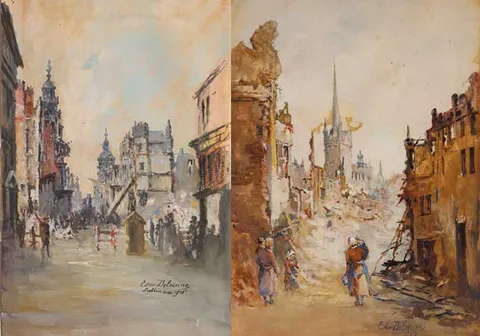 HENRY STREET, DUBLIN, AFTER THE EASTER RISING, 1916 and WOMEN AND CHILDREN BEFORE CITY RUINS, 1916 (A PAIR) by Edmond Delrenne, watercolour with bodycolour over crayon on paper, sold Apr 2007