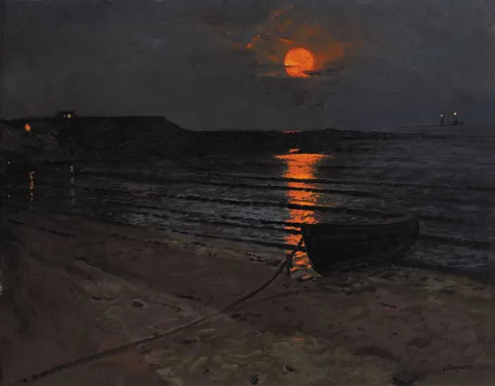 HARVEST MOONRISE by Patrick Leonard, circa 1966, oil on canvas, sold Apr 2007