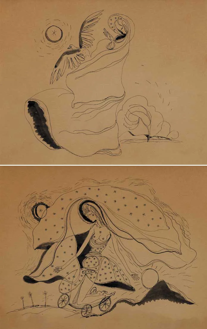 Colin Middleton, WOMAN AND BIRD and WOMAN WITH MOON, 1937 (A PAIR), pen and ink with wash on buff-coloured paper