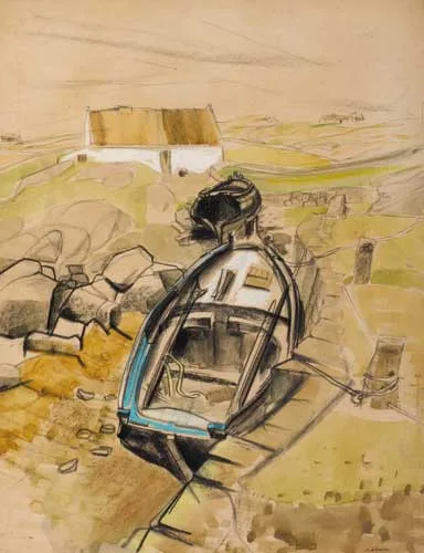 Barbara Warren, IDLE BOATS, TEERANEA, 1960, watercolour and chalks on tinted paper