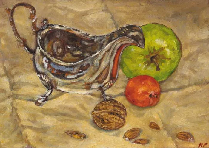STILL LIFE WITH SILVER SAUCEBOAT by Marjorie Steele, 1989, oil on canvas board, offered Dec 2006