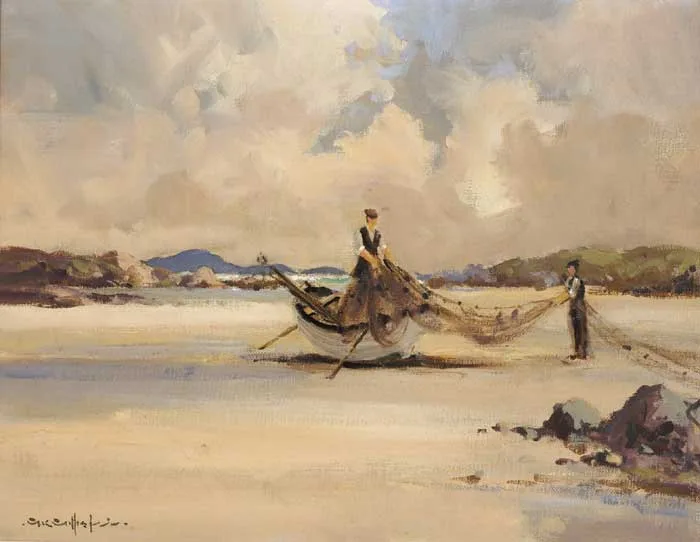 MENDING NETS, DONEGAL by George K. Gillespie, oil on board, sold Dec 2006