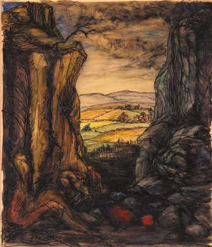 Phyllis Eason, STEEP ASCENT III, watercolour, pen and ink on greaseproof paper