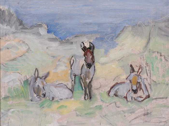 THREE DONKEYS by Sylvia Margaret Phillips, oil on canvas board, sold Dec 2006