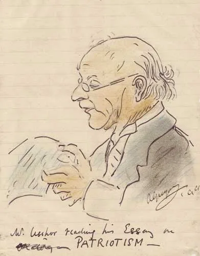 Lady Isabella Augusta Gregory, MR USSHER READING HIS ESSAY ON PATRIOTISM, 1889, pen and ink with coloured pencil on lined notepaper