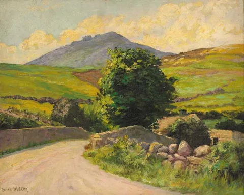 David Bond Walker, ROAD OVER A BRIDGE LEADING TO A COTTAGE, oil on canvas