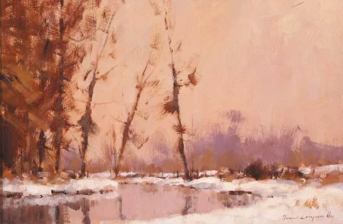 James Longueville, THE RIVER IN WINTER, oil on board