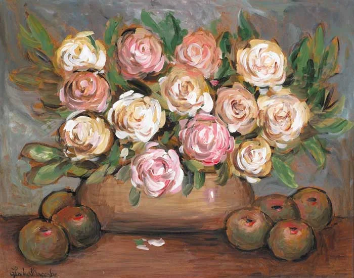 ROSES AND FRUIT by Gladys Maccabe, oil on board, sold Dec 2006