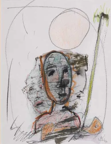 John Kingerlee, THREE WARRIORS, 1996, crayon, pen and ink on paper
