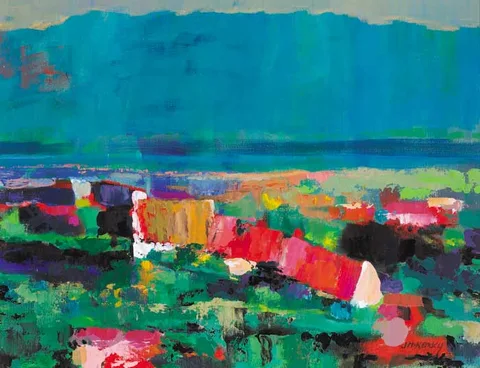 James McKendry, RED ROOFS, CONNEMARA, acrylic on canvas board