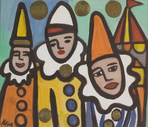 Markey Robinson, THREE CLOWNS AT A CIRCUS, gouache and metallic gold paint on board