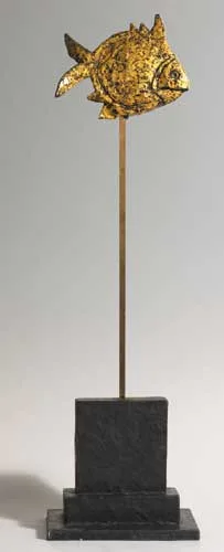 FLYING FISH by Graham Knuttel, papier maché, gold paint, wood and brass, offered Dec 2006